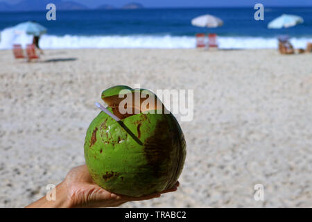 Fresche noce di cocco in mano d'uomo con sfocata sunshine beach in background Foto Stock