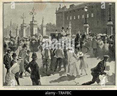 Il re Edoardo VII la malattia, doctrors lasciando Buckingham Palace, 1902. Edward della incoronazione era stato originariamente previsto per il 26 giugno 1902. Tuttavia, due giorni prima, il 24 giugno, è stato diagnosticato con appendicite. Foto Stock