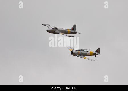 North American Harvard (1747) volare in formazione con un Bac Jet Provost T3 (XM424) al 2019 Duxford Air Festival Foto Stock