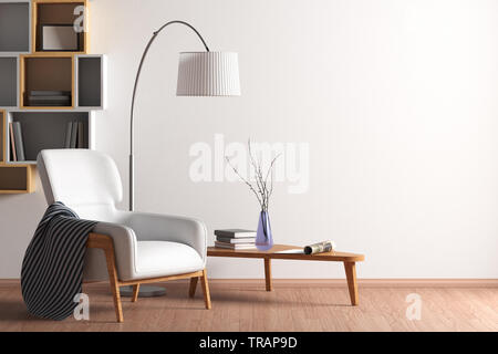 Muro grezzo mock up in salotto interno con scaffale; poltrona, tavolino da caffè e lampada da terra. 3d illustrazione Foto Stock