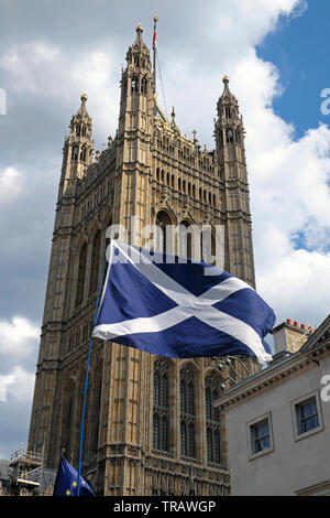 Bandiera scozzese la si intraversa battenti di fronte alla torre di Victoria al di fuori del Victoria Tower presso le Case del Parlamento Londra Inghilterra KATHY DEWITT Foto Stock