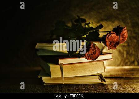 Ancora vita fiori su libri vecchi nel buio / Red Rose tono flowe stile vintage Foto Stock