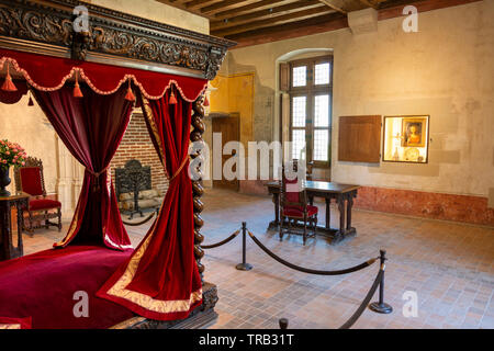 Camera da letto di Leonardo da Vinci, Chateau Clos Luce, casa di Leonardo da Vinci, Amboise, Indre-et-Loire Departement, Center-Val de la Loire, in Francia, in Europa Foto Stock