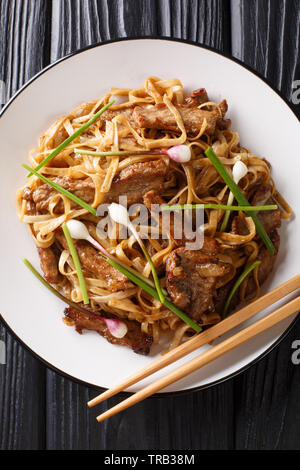 Carni bovine Chow divertimento - Carni bovine stir-fritte con riso noodle di germogli di soia, cipolline e erba cipollina cinese è un famoso piatto Cantonese closeup sulla piastra th Foto Stock