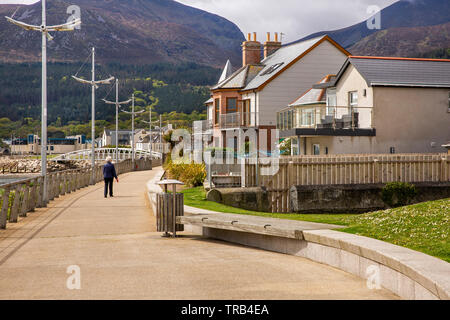 Irlanda del Nord, Co Down, Newcastle, lungomare, donna cane a camminare lungo la passeggiata a mare il percorso Foto Stock