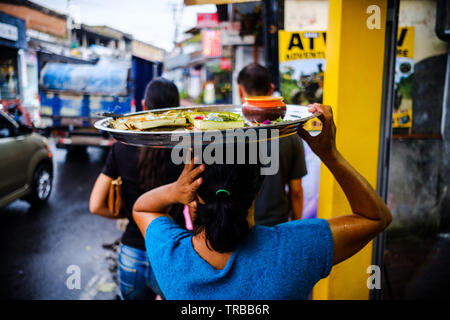Donna Balinese che trasportano offrendo in Ubud, Bali, Indonesia Foto Stock