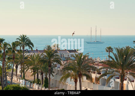 Vista pittoresca costiera residenziale villa estiva tetti e le palme in una fila e tranquillo mare blu battenti seagull bird e yacht ormeggiati nel mare Foto Stock