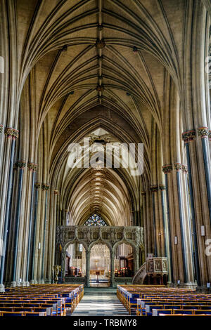 All'interno della navata della Cattedrale di Bristol guardando verso il soffitto a volta del coro e lo schermo di alta alterare, Bristol, Gloucestershire, Inghilterra, U Foto Stock