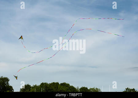 Basingstoke Kite Festival nel mese di giugno 2019, una manifestazione popolare, Hampshire, Regno Unito. Due aquiloni con code lunghe volare nel cielo. Foto Stock