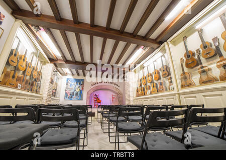 Siviglia, Spagna - Maggio 31th, 2019: Casa de la Guitarra. Area salotto fiancheggiata con chitarra flamenco vetrine Foto Stock