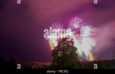 Fuochi d'artificio a Bristol Balloon Fiesta a Ashton Court, su una betulla. Agosto, 2018. Foto Stock