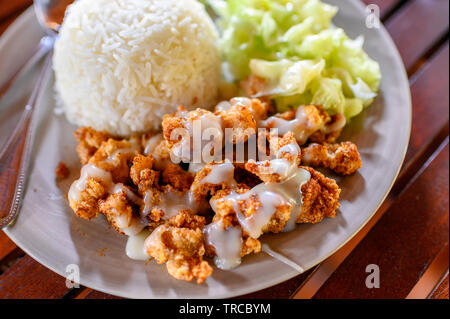 Panato Croccante di pollo fritto con peperoncino in polvere e riso bianco in piastra ceramica sul tavolo di legno Foto Stock