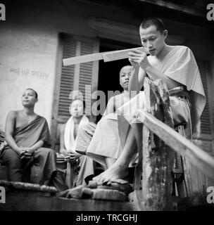 Il debuttante monaci sedersi fuori un tempio in Luang Prabang. La città è stata la capitale reale fino al 1975 ed è eredità di mondo elencati per i suoi templi. Repubblica democratica popolare del Laos. Foto Stock