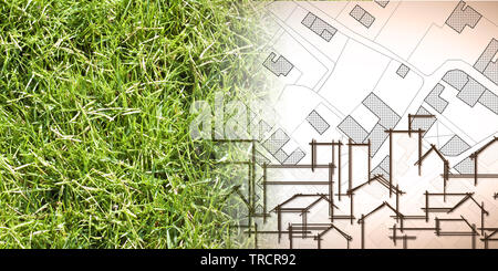 Dalla natura per una nuova città - Concetto di immagine con un verde prato che sfuma sulla mappa di una città immaginaria con edifici e strade - la natura diventa Foto Stock