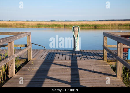 Il vecchio molo in legno con ringhiera e palo in legno per il Mar Baltico Foto Stock