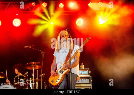 Reef eseguire sul palco del Run Run Fest Festival presso la struttura Bowood House nel Wiltshire. Nella foto il bassista chitarrista Bessant Jack. Foto Stock