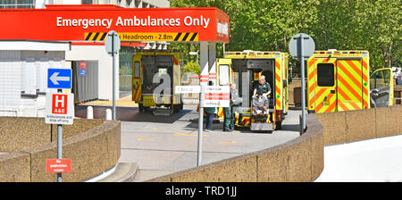 NHS lettiga paziente trasferito dal retro del London ambulanza di emergenza da un attento personale paramedico in opera in un&e impianto di incidenti in ospedale del Regno Unito Foto Stock