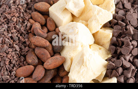 Un background di righe di cioccolato di naselli fave di cacao, burro di cacao e di cioccolato Foto Stock