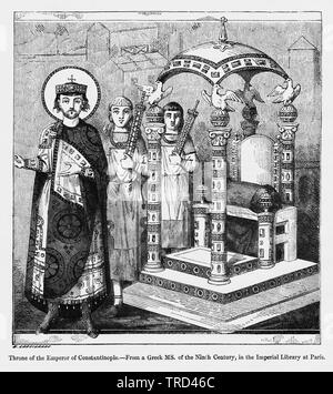 Trono dell'imperatore di Costantinopoli da un manoscritto greco del nono secolo, nella Biblioteca Imperiale di Parigi, Illustrazione da John Cassell è illustrata la storia dell'Inghilterra, Vol. Ho fin dai primissimi tempi al regno di Edward il quarto, Cassell Petter e Galpin, 1857 Foto Stock