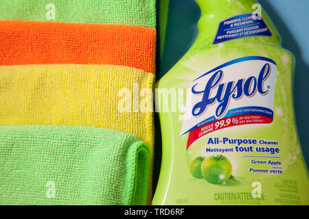 Halifax, Canada- Giugno 1, 2019: Close up Lysol spray di pulizia e di giallo e arancione di stracci per la pulizia Foto Stock