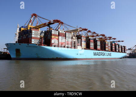 Il contenitore di Madrid nave Maersk sarà caricato e scaricato il 16 aprile 2019 a Bremerhaven. Foto Stock