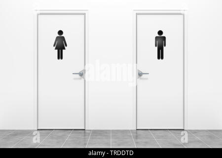 La computer grafica 3D, muro bianco con due porte a signori e signore di servizi igienici Foto Stock