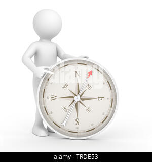 Icone 3D'uomo in colore bianco rivolto verso una bussola; contro uno sfondo bianco Foto Stock