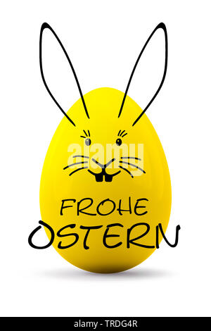 Scheda estere - Easter Bunny illustrata da linee nere su un giallo uovo di pasqua scritte FROHE OSTERN (Felice Pasqua) Foto Stock