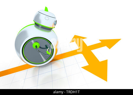 La computer grafica 3D, round simpatico robot guardando un illustrato separazione delle vie sul pavimento Foto Stock