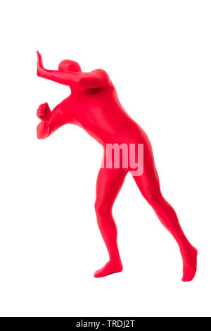 Uomo in morphsuit rosso su sfondo bianco Foto Stock