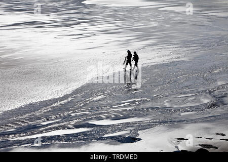 Due persone di camminare sulla spiaggia in controluce, Islanda, Snaefellsnes, Vesturland, Vallnavik Foto Stock