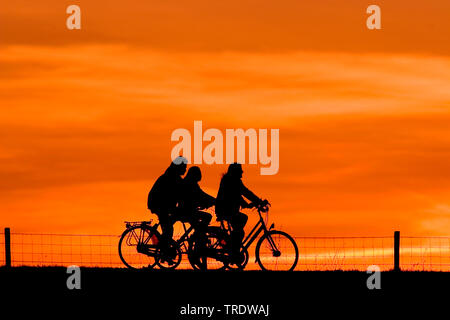 Escursioni in bicicletta su un argine al tramonto Foto Stock