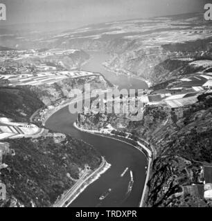 Rock Loreley al fiume Reno, foto aerea dal 29.08.1961, in Germania, in Renania Palatinato, Sankt Goarshausen Foto Stock