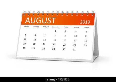 Una tabella di calendario per i vostri eventi 2019 agosto 3d illustrazione Foto Stock