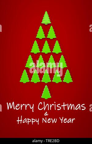 Decorazione di Natale sfondo in rosso e verde con alberi di Natale e Buon Natale Foto Stock