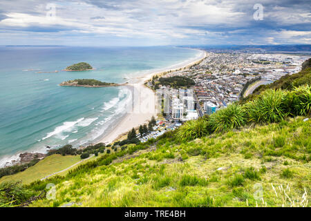 Baia di Planty visto da Mount Maunganui, Nuova Zelanda, Isola Settentrionale Foto Stock