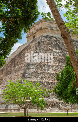 Kukulkan piramide Maya, conosciuta come El Castillo, classificati come 5B18 Struttura, prese in alberi, nella zona archeologica di Chichen Itza, sul Yuc Foto Stock