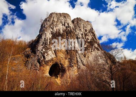 La formazione di calcare Pater und nonne e grotta Gruermannshoehle, in Germania, in Renania settentrionale-Vestfalia, Sauerland, Iserlohn Foto Stock