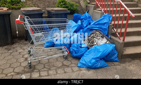 Furto di carrello e sacchi della spazzatura di fronte dei rifiuti organici scomparti, Germania Foto Stock