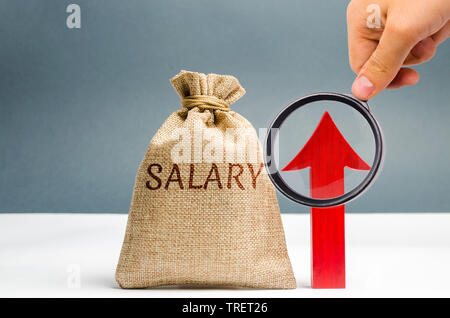 Una borsa con il denaro e l'iscrizione di stipendio e freccia verso l'alto. aumento di salario, sui tassi salariali. promozione, crescita professionale. elevare il tenore di vita. Foto Stock