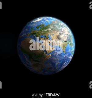 Il Pianeta Terra vista da un satellite, incentrata sull'Europa, Asia e Africa, isolati su nero. 3D'illustrazione - Elementi di questa immagine fornita dal NAS Foto Stock