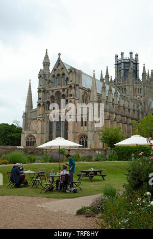 Il Presbiterio di windows e la Torre della Lanterna della Cattedrale di Ely visto dal giardino della Almonry sale da tè, Cambridgeshire Foto Stock