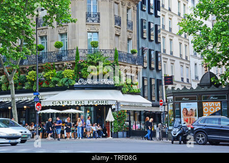 Café de Flore, uno dei più antichi coffeehouse di Parigi, famoso per la sua famosa clientela, Saint-Germain-des-Prés e il quartiere Latino, Parigi, Francia Foto Stock