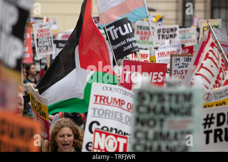 Londra, Regno Unito. Il 4 giugno 2019. Alcuni dei numerosi cartelli sulle proteste di massa nel centro di Londra su Trafalgar Square, Whitehall e Piazza del Parlamento contro il Presidente degli Stati Uniti, Donald Trump, visitare il Regno Unito. Credito: Joe Kuis / Alamy Foto Stock