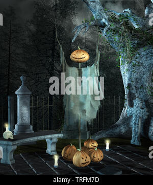 Misterioso altare in un cimitero di nero nella foresta con scary zucche Foto Stock