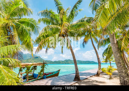 Bellissimo paesaggio con palme di cocco sull isola tropicale di Bora Bora. Decorate la barca turistica ormeggiata in banchina in legno. Foto Stock