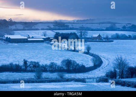 Fattoria di Kingsbury, Milborne Port nella neve, Somerset, Inghilterra, Regno Unito Foto Stock