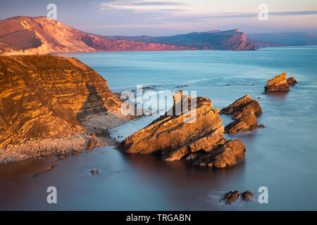 Worbarrow Bay da Mupe Bay al crepuscolo, Jurassic Coast, Inghilterra Foto Stock