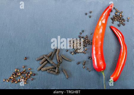 Rosso fresco peperoncini con nero, Sichuan e pepe lungo (piper longum) su ardesia scura piastra con copia spazio. Pietra naturale sfondo testurizzata Foto Stock