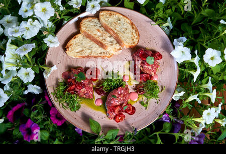 Il tartaro con il pane su una piastra Foto Stock